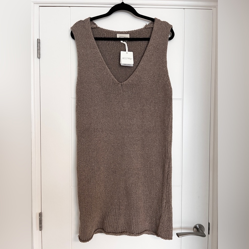 American vintage beige v neck knit sleeveless tunic long top size medium BNWT - Picture 1 of 4